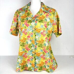 Vintage 60s 70s Floral Button Front Shirt Large Yellow Bright Flower Power Retro
